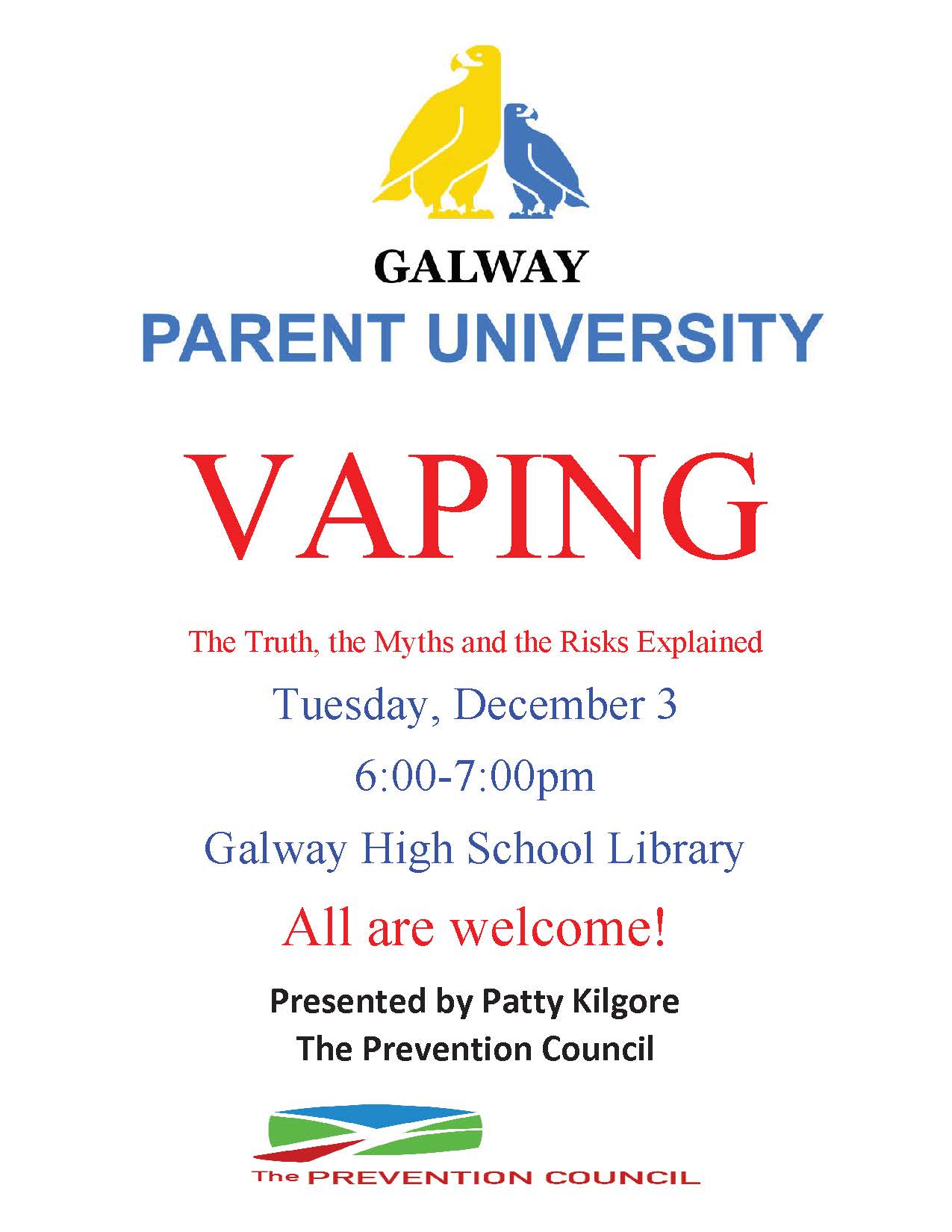 Flier for Galway Parent Academy on Vaping, December 3, 2019 from 6-7pm