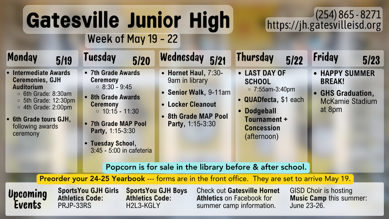 🐝 Weekly Calendar for GJHS Students 🐝 Featured Photo