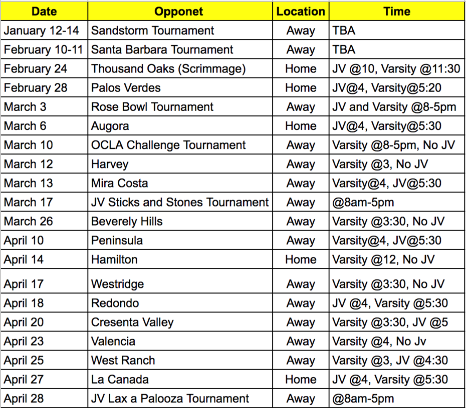 Girls Lacrosse Schedule 2018