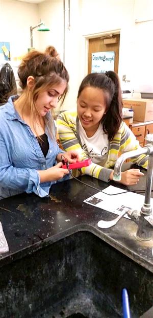 Ariel Rezazadeh and Helen Choi calibrating the digital multimeters that will be used for experiments 