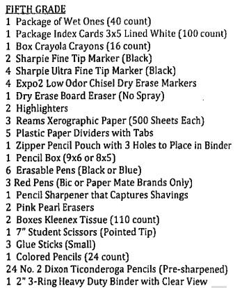 Fifth Grade Supply List 2017 