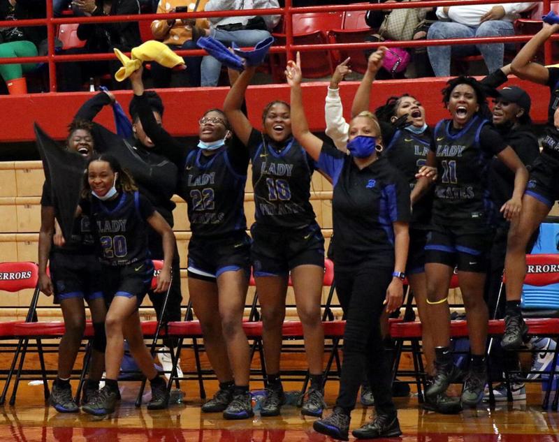 Brunswick High celebrates as the buzzer sounds on its victory over Glynn Academy in the City Championship game at The Glass Palace.