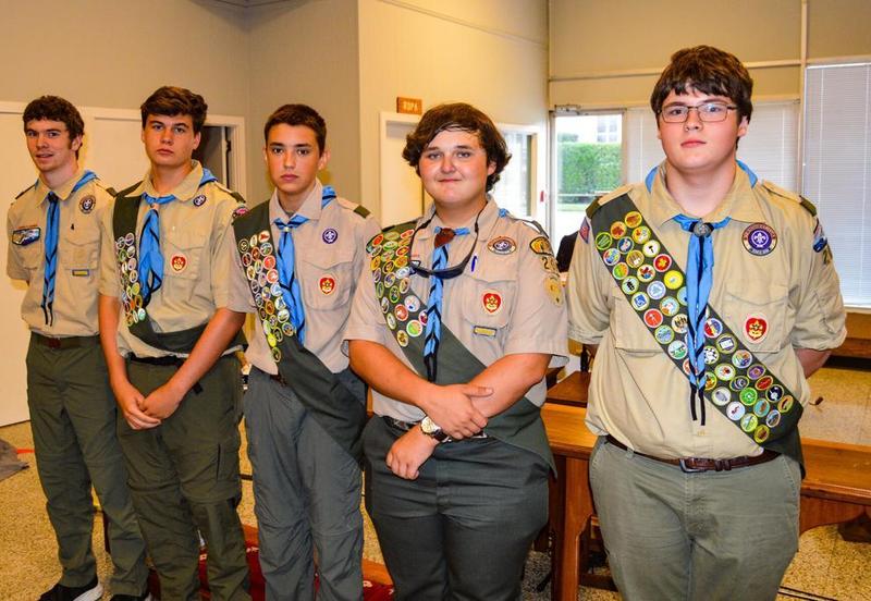 Boy Scouts of America Troop 204 members Aiden Singletary, from left, Charlie Medders, Brendan Wood, Jack Hall and Dylan Diamond were presented with the rank of Eagle Scout Monday evening. Scouting\'s highest rank, reaching Eagle requires hundreds of hours of community service and learning a variety of skills, usually taking several years to complete.
