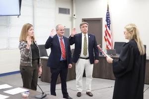 GCSS Board members Eaddy Sams, Dr. Hank Yeargan and Mike Hulsey participate in a swearing-in ceremony.