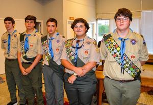 Boy Scouts of America Troop 204 members Aiden Singletary, from left, Charlie Medders, Brendan Wood, Jack Hall and Dylan Diamond were presented with the rank of Eagle Scout Monday evening. Scouting\'s highest rank, reaching Eagle requires hundreds of hours of community service and learning a variety of skills, usually taking several years to complete.