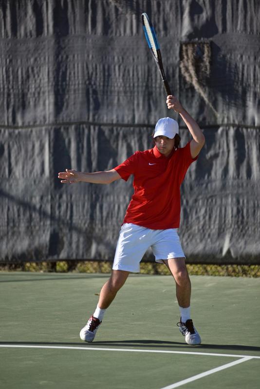 Glynn Academy\'s David Thompson competes at No. 1 singles against Bradwell Institute on Tuesday at the GA tennis courts.