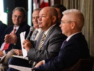 Sitting on a panel of educational leaders, Glynn County School Superintendent Scott Spence speaks at the Brunswick-Golden Isles Chamber of Commerce State of the Workforce luncheon.