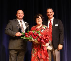 Superintendent Scott Spence, left, Mrs. Paige Browning and Glynn Academy Principal Matthew Blackstone.