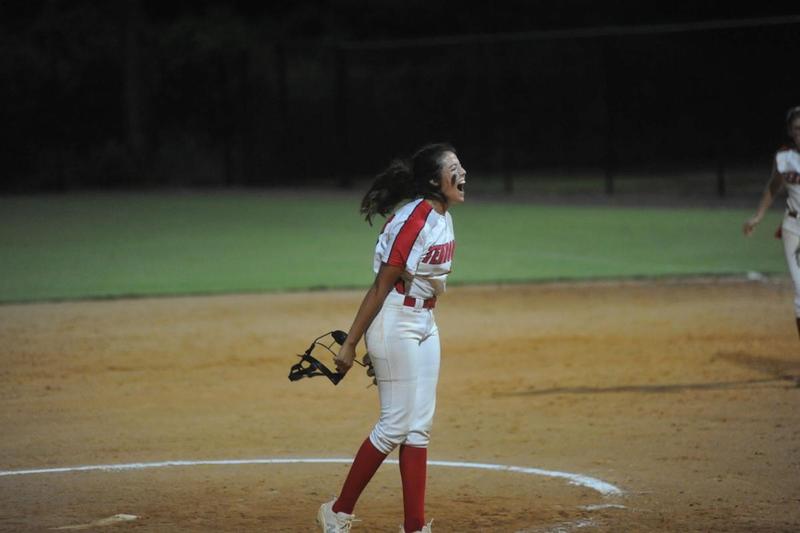 Glynn Academy\'s Kamila Vicent celebrates after recording her final strikeout against Richmond Hill.