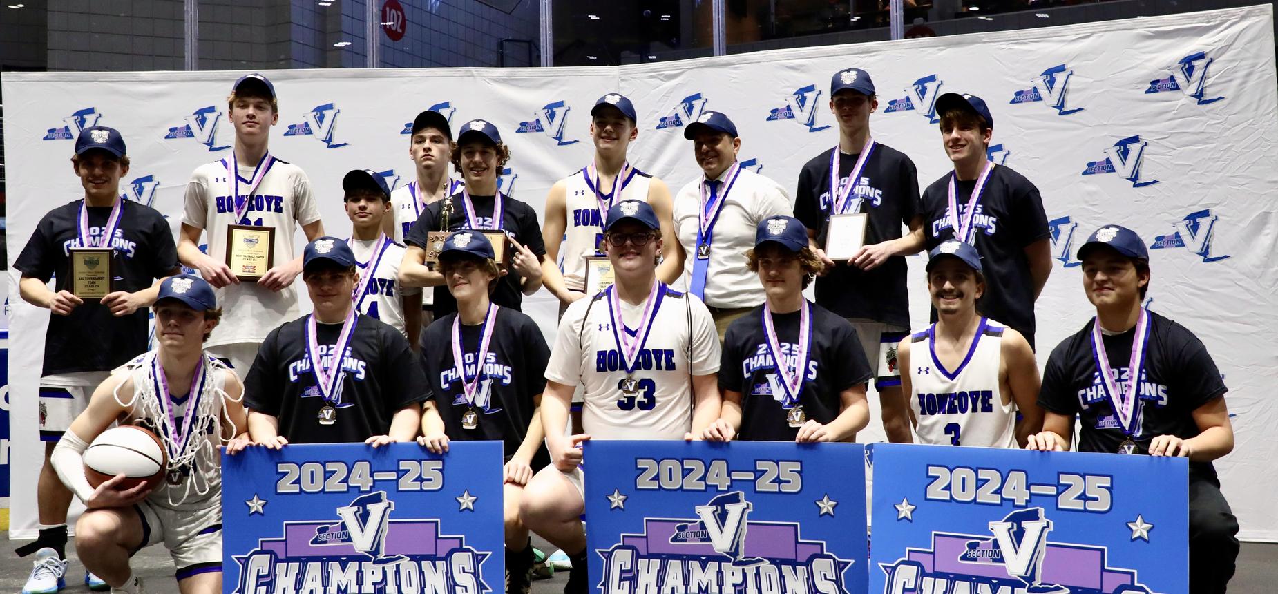 Honeoye boys basketball team Section V champs