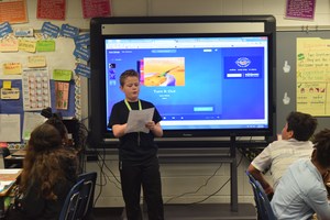 Matthew Misegades, a fifth grade student at Patrick Copeland Elementary, reads his winning essay to his class on April 18.