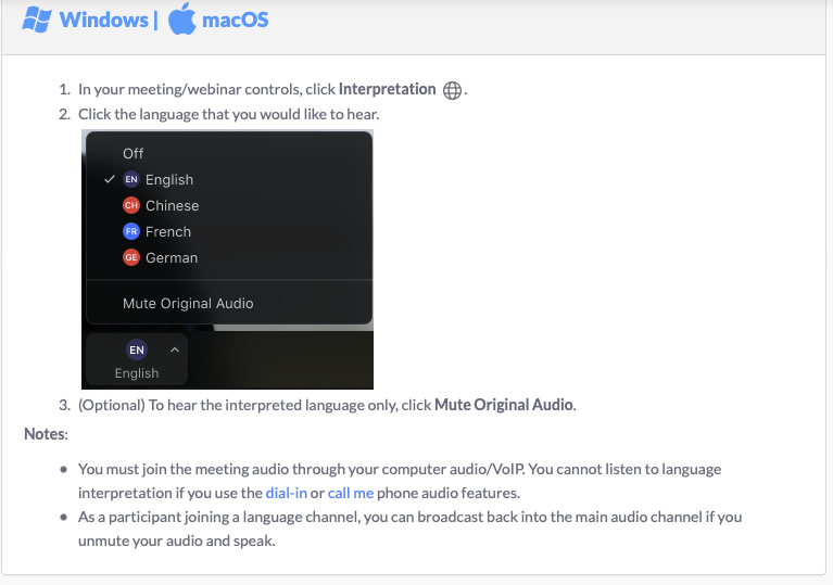 the image is instructions on how to update language preferences in zoom for mac and windows