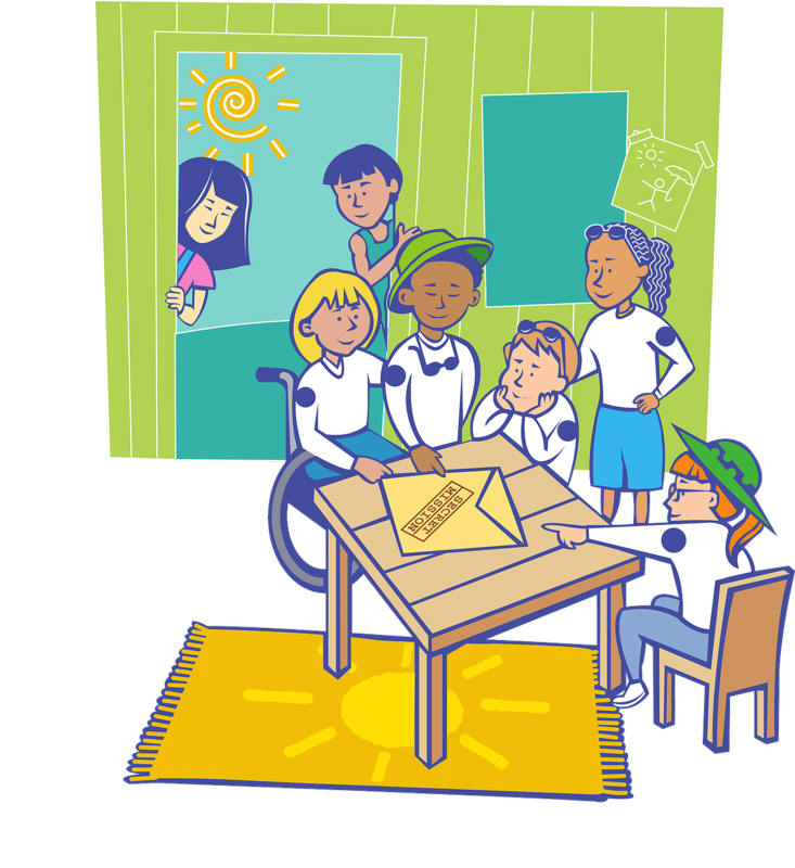 Children with disabilities in classroom illustration.