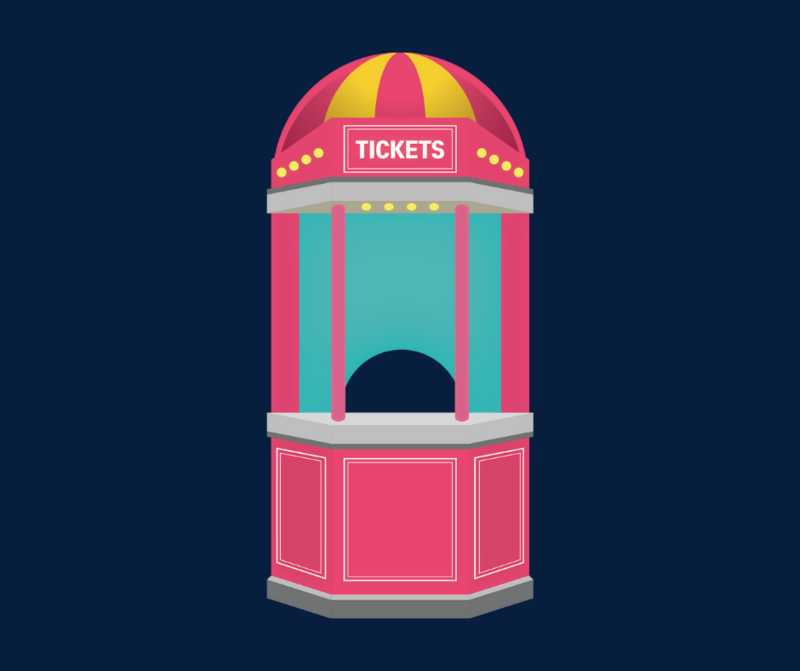 the image is of a pink ticket booth on a dark blue background