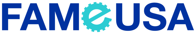 the image is of the FAME Usa logo. the letters are blue and the E in fame is stylized like a gear.