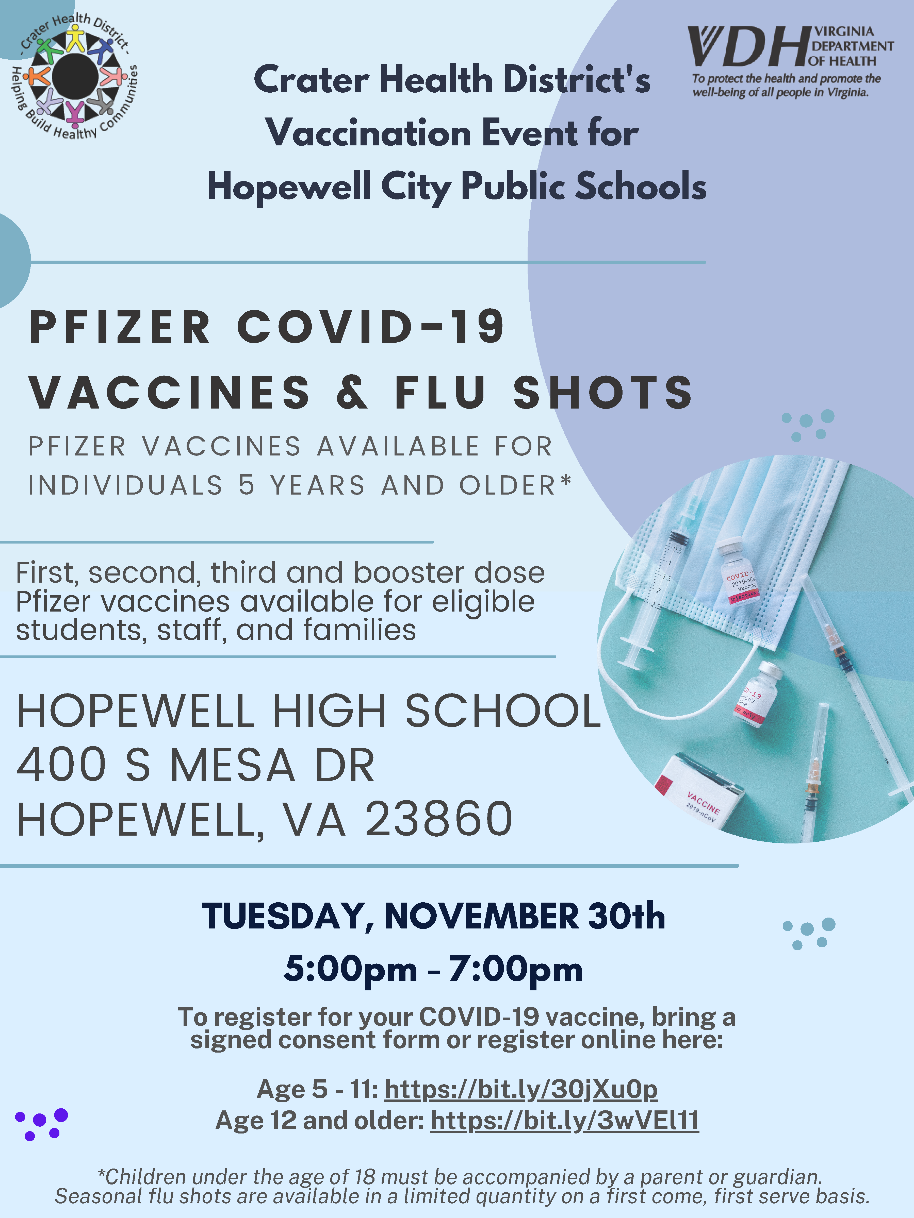 the image is a flyer for the 11/30/21 vaccination clinic