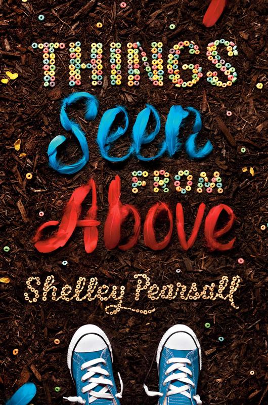 The image is of a book cover. The book is called “Things Seen From Above” by Shelley Pearsall. The book cover has a background that is brown playground dirt. The words in the title are stylized to look like perler beads and feathers. There is a pair of blue converse sneakers at the bottom of the cover. Image courtesy of https://www.shelleypearsall.com/.