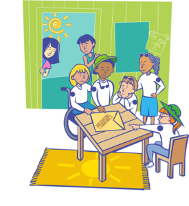 Children with disabilities in classroom illustration.