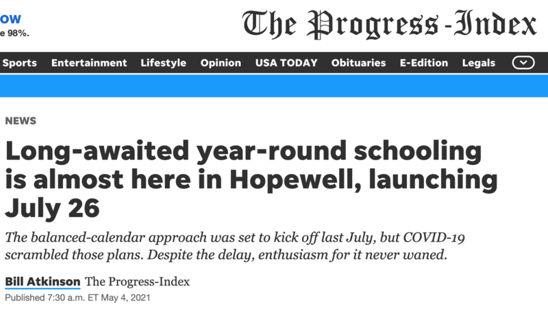 the image is a screen shot of a progress-index article. the headline is \"Long-awaited year-round schooling is almost here in Hopewell, launching July 26\"