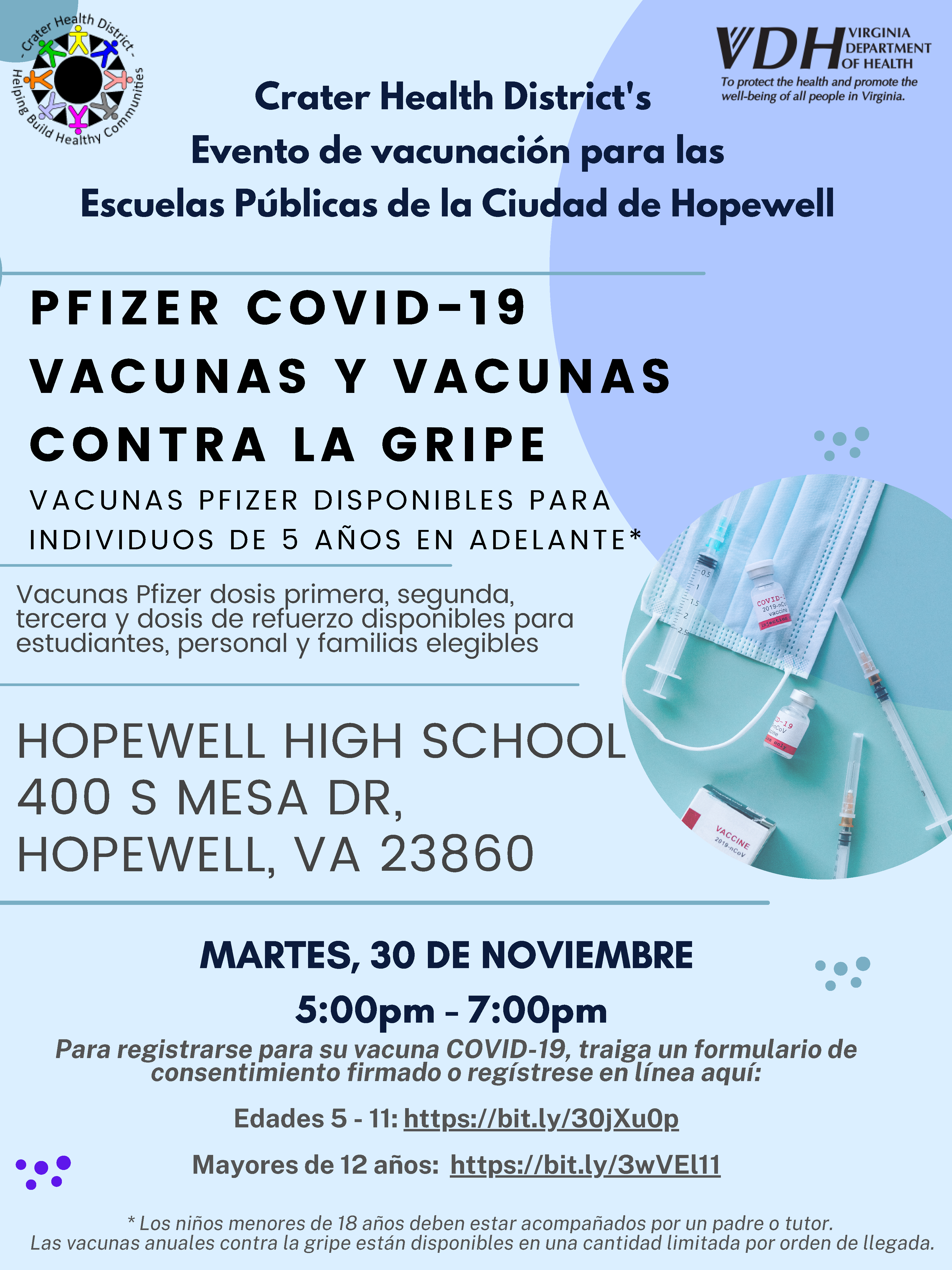 the image is a spanish translation of the flyer for the 11/30/21 vaccination clinic