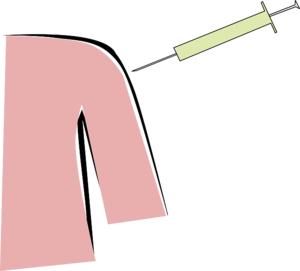 the image is clipart of a person with peach skin receiving a vaccination in their arm from a green needle