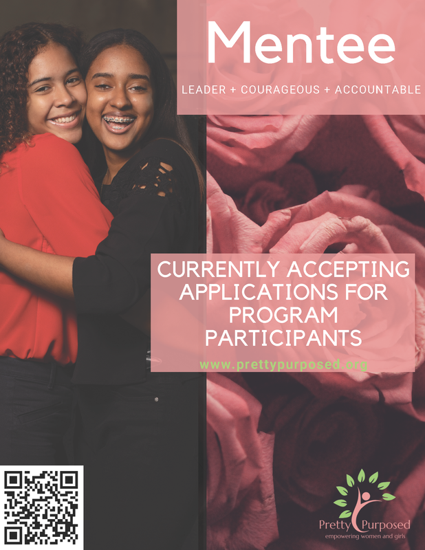 the image is of two young women with brown skin hugging each other. one has braces. there is a pink background that says Mentee and explains the Pretty Purposed mentorship program.