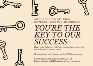 the image is a graphic that reads \"you\'re the key to our success.\" the background is a yellow-beige color and there are clipart of different shaped keys. there is information at the bottom of the graphic that explains how to contact the Balanced Calendar team.