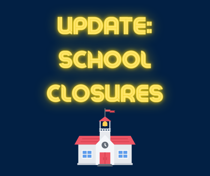 the image has a dark blue background with yellow neon letters that say update: school closures. there is a clipart of a school building below the letters.