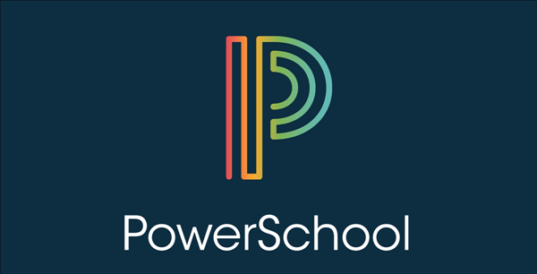 the image is of the PowerSchool software banner. The banner has a dark blue background and a stylized letter P in the middle. the P is made up of lines of different colors. The words PowerSchool are at the bottom of the banner in white.