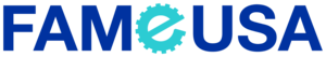 the image is of the FAME Usa logo. the letters are blue and the E in fame is stylized like a gear.