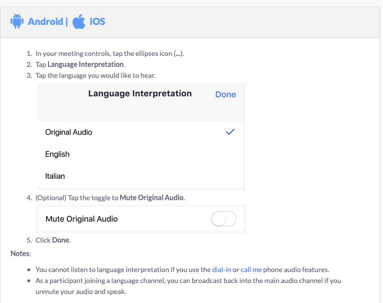 the image is instructions on how to update language preferences in zoom for android and iphone