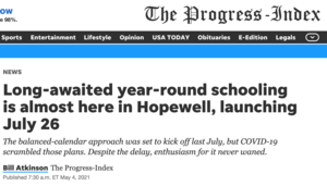 the image is a screen shot of a progress-index article. the headline is \"Long-awaited year-round schooling is almost here in Hopewell, launching July 26\"