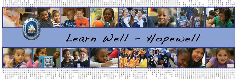 the photo is a collage of images of students. the students are diverse in terms of age, race, body shape and size. There is a blue overlay with the words \"Learn Well -- Hopewell\" on it.