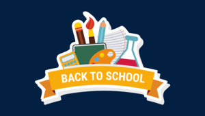 the image is a back to school clipart graphic on a dark blue background. the words Back To School are in white on a yellow scroll. behind the scroll are items like paintbrushes, a calculator, a beaker, and a pencil and notebook.