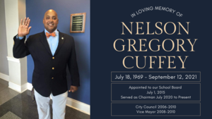 Man with a suit waving, with words to the right