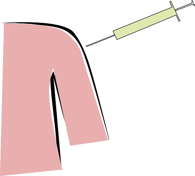 the image is clip art of a person being given a vaccination. the hypodermic needle is light green. the person\'s skin is a peach color.