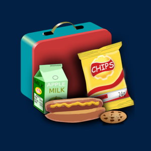 the image is clip art of a blue and red square lunchbox with several food items in front of it: a milk carton, chips, a hot dog and cookie
