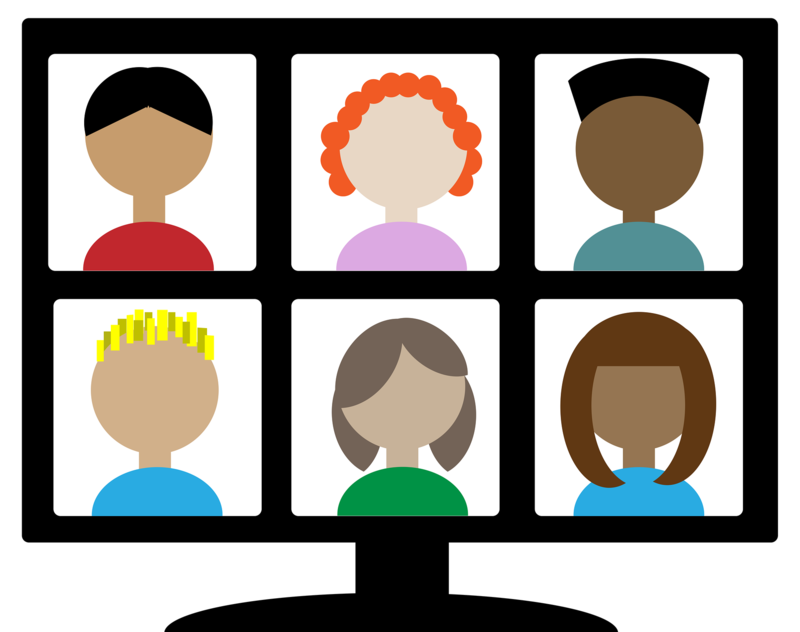 the image is clipart of a computer monitor showing a video call. six people are on the call. they are diverse in gender, and race.