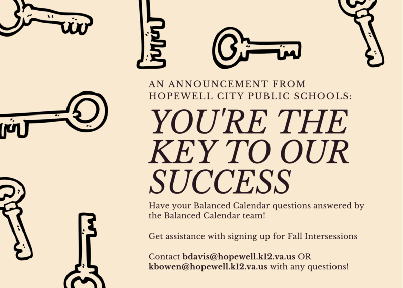the image is a graphic that reads \"you\'re the key to our success.\" the background is a yellow-beige color and there are clipart of different shaped keys. there is information at the bottom of the graphic that explains how to contact the Balanced Calendar team.