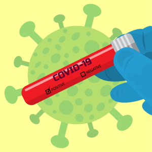 yellow background with a green covid molecule. a blue gloved hand holds a red test vial.
