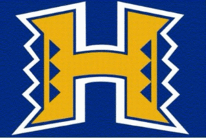 the image is of a stylized yellow h on a blue background