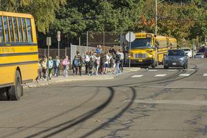 the photo is of a street where 3 school buses are lined up along the sidewalk. A group of students crosses the street with several adults. There is a black car stopped to let the students pass.