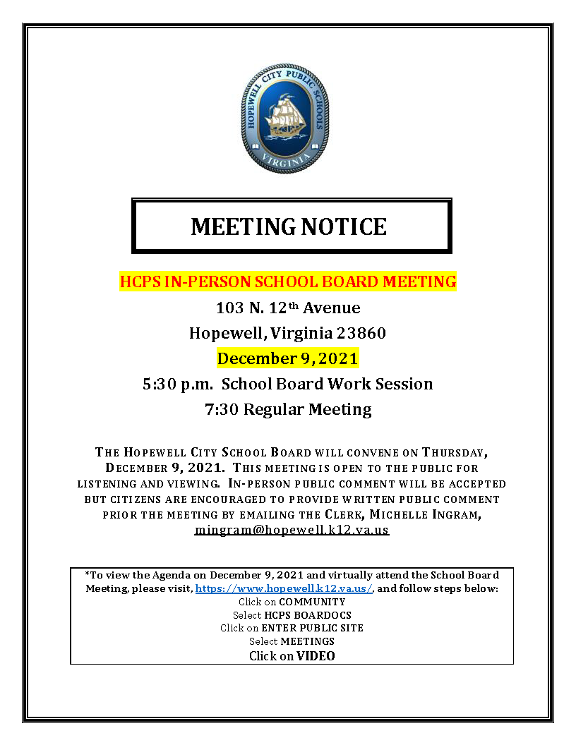 the image is a notice for the school board meeting