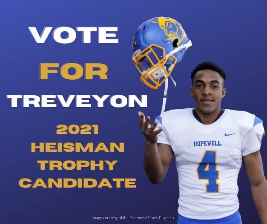 the image is treveyon henderson in his hopewell blue devils uniform tossing his helmet. text reads vote for treveyon henderson