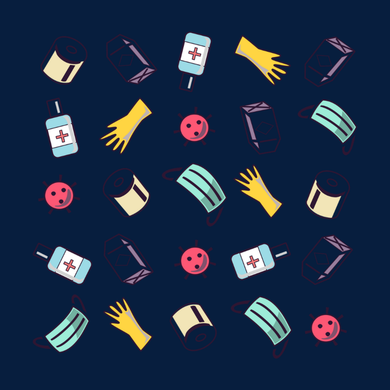 the image is a dark blue background with covid related clip art (masks, gloves, virus, etc.)