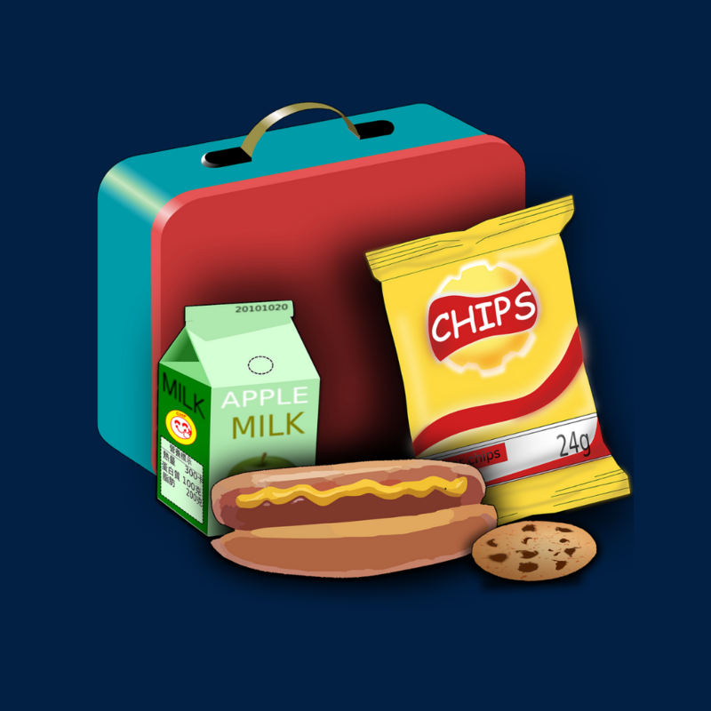 the image is clip art of a blue and red square lunchbox with several food items in front of it: a milk carton, chips, a hot dog and cookie