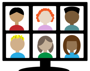 the image is clipart of a computer monitor showing a video call. six people are on the call. they are diverse in gender, and race.