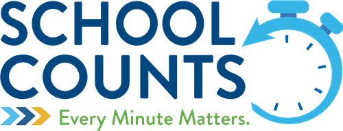 The words School Counts in navy, Every MInute Matters in green and art of a turquoise alarm clock