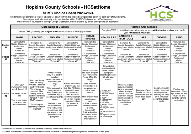 SHMS Choice Board 2023-2024