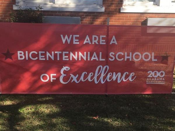 Photo of an official bicentennial school banner.